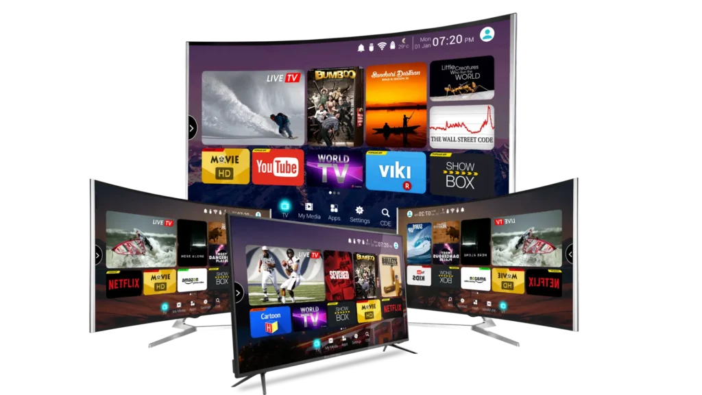 Television screens displaying streaming interfaces