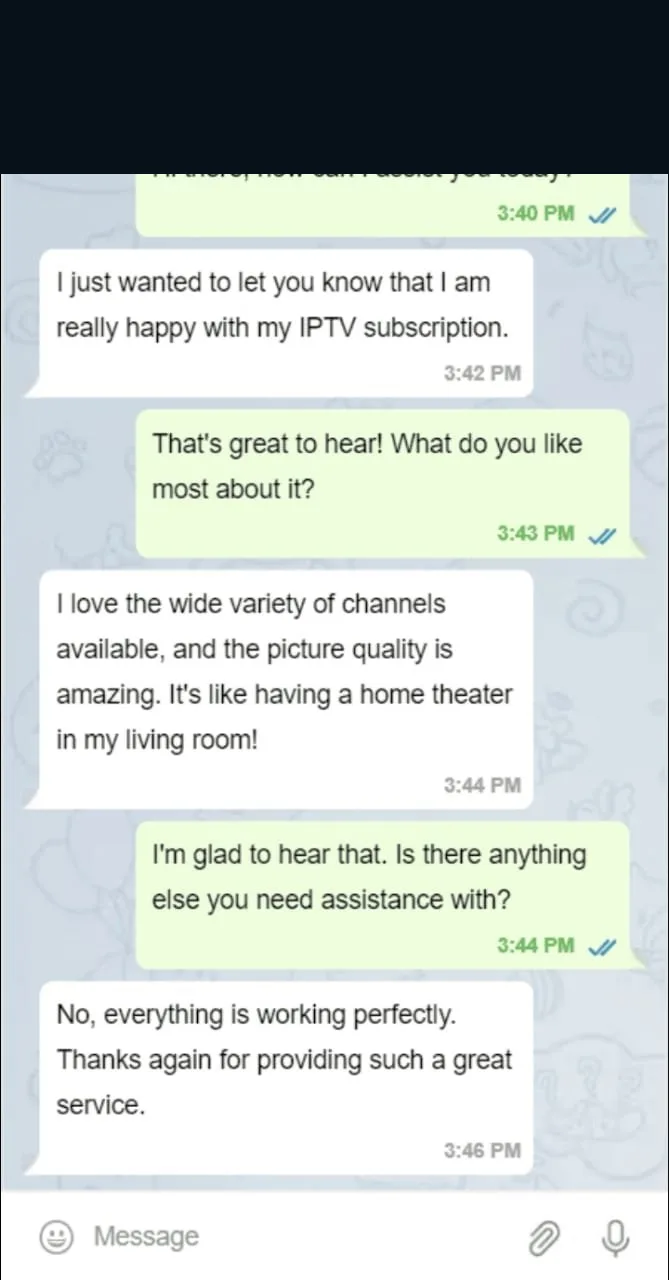 Customer WhatsApp review about support and IPTV service