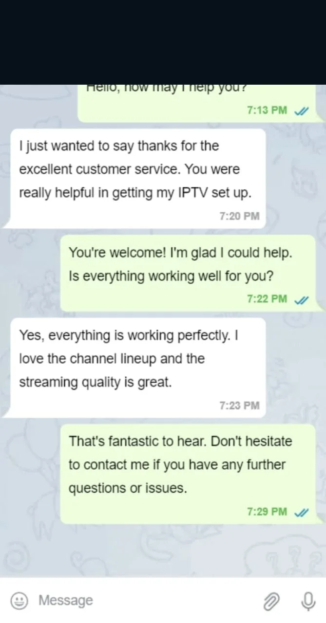 Customer WhatsApp review about IPTV service support